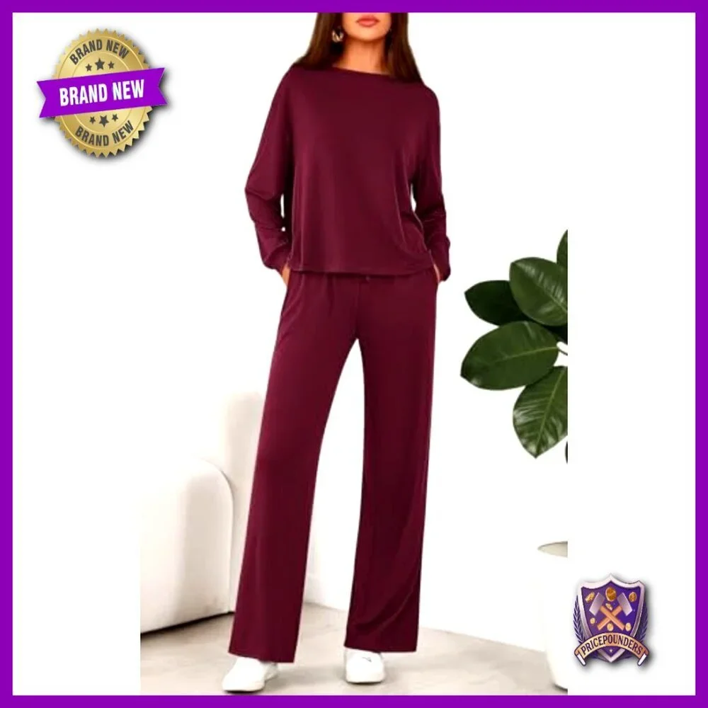 Women's 2-Piece Lounge Set Long Sleeve Crewneck Wide Leg Pants Loose Fit